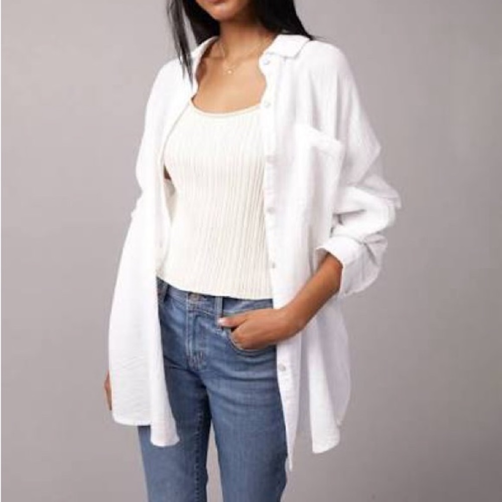 American Eagle Go Big White Button-Up Oversized Shirt